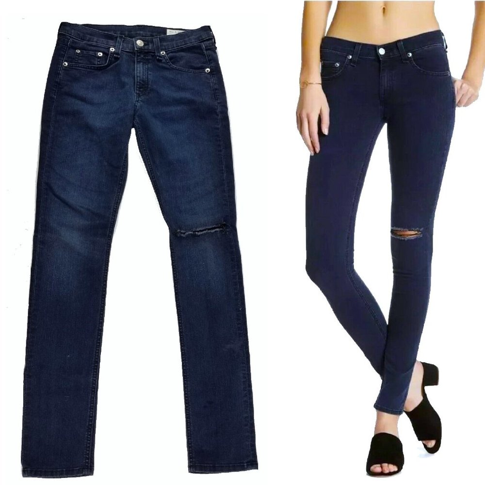 rag & bone Skinny Jeans Stretch Ripped Knee Low Rise Terra Blue Size 27 NWOT